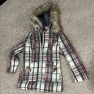 Plaid Hooded Coat with Faux Fur Trim